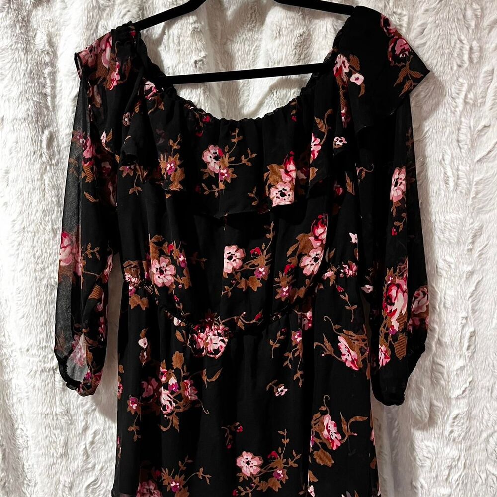 Lane Bryant black & pink floral blouse with ruffles and sheer sleeves Size 18